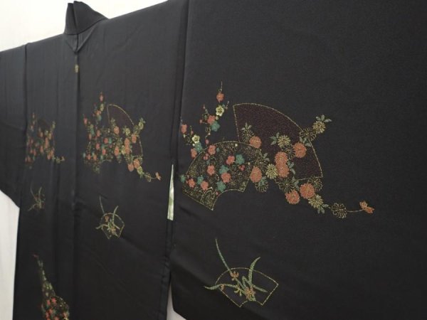 Photo2: 6619T03z580 Vintage Japanese Kimono Silk HAORI Jigami Black (2)