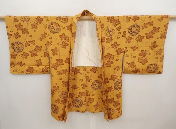 Photo5: 6619T05z580 Vintage Japanese Kimono Silk HAORI Bird Dark orange (5)