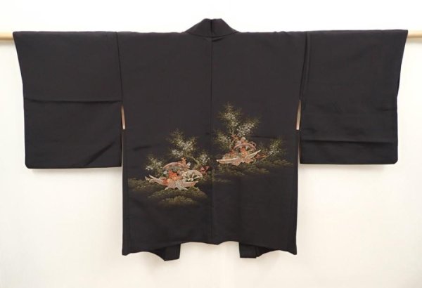 Photo1: 6619T06z480 Vintage Japanese Kimono Silk HAORI Flowers Black (1)
