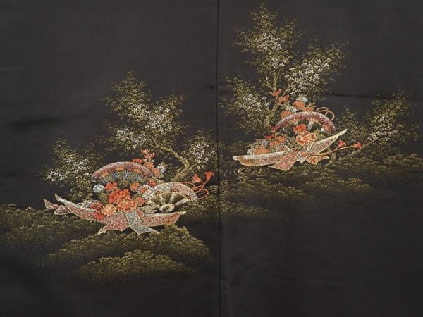 Photo3: 6619T06z480 Vintage Japanese Kimono Silk HAORI Flowers Black (3)