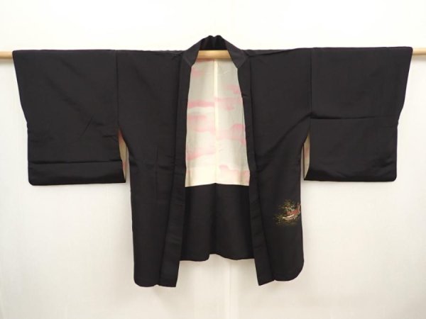 Photo5: 6619T06z480 Vintage Japanese Kimono Silk HAORI Flowers Black (5)