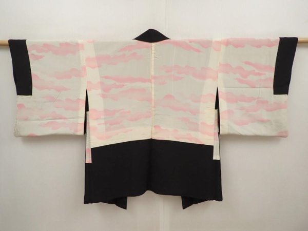 Photo6: 6619T06z480 Vintage Japanese Kimono Silk HAORI Flowers Black (6)