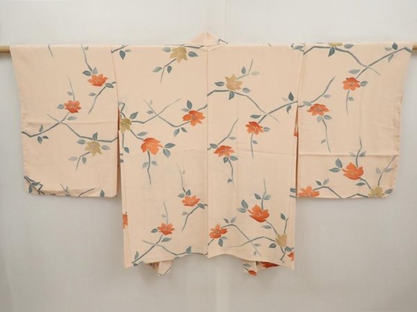 Photo1: 6619T08z550 Vintage Japanese Kimono Silk HAORI Flower Cream-Orange (1)