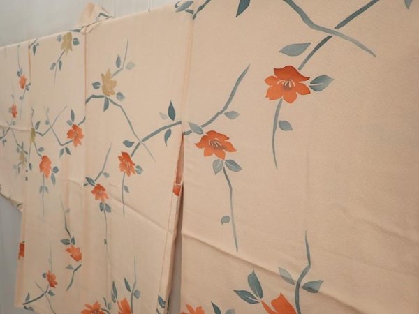 Photo2: 6619T08z550 Vintage Japanese Kimono Silk HAORI Flower Cream-Orange (2)