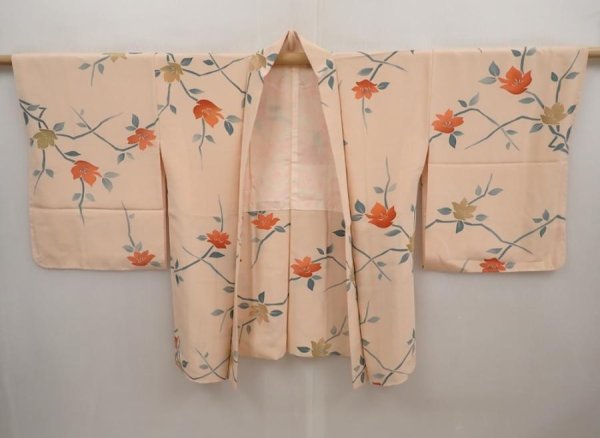 Photo6: 6619T08z550 Vintage Japanese Kimono Silk HAORI Flower Cream-Orange (6)