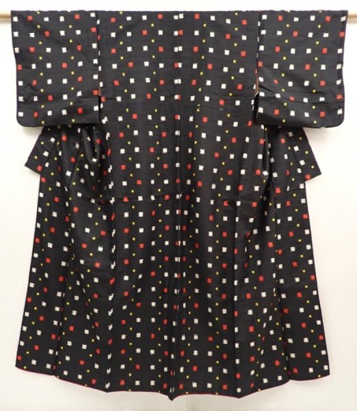Photo1: 6619T09z670 Vintage Japanese Kimono Silk MEISEN KOMON Black (1)