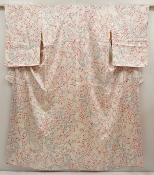Photo1: 6619T10z930 Vintage Japanese Kimono Silk KOMON Plum tree Off-white (1)