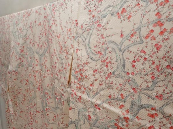 Photo2: 6619T10z930 Vintage Japanese Kimono Silk KOMON Plum tree Off-white (2)