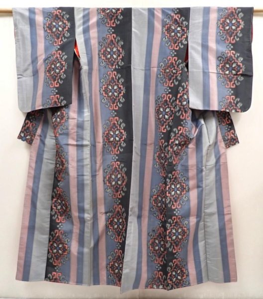 Photo1: 6619T11z520 Vintage Japanese Kimono Silk MEISEN KOMON Blue-Gray (1)