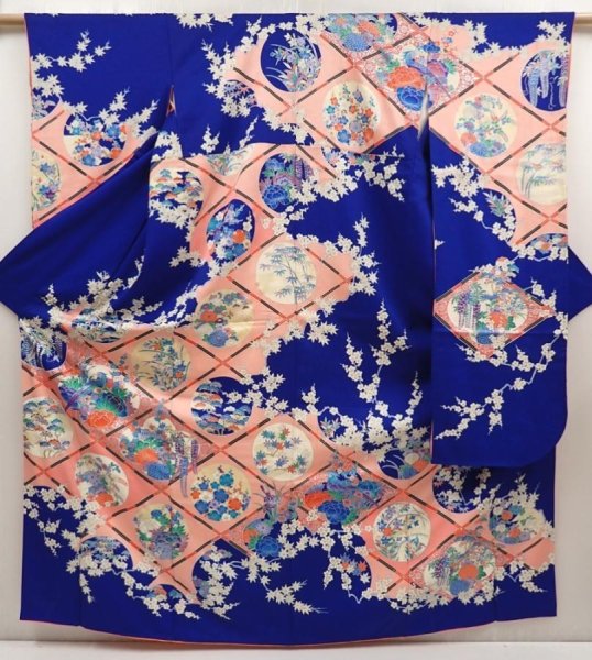 Photo1: 6619T12z1180  Japanese Kimono Silk FURISODE Flowers Royal blue (1)
