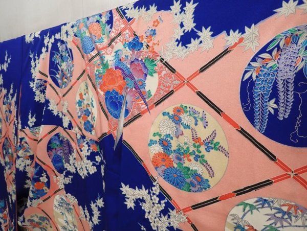 Photo2: 6619T12z1180  Japanese Kimono Silk FURISODE Flowers Royal blue (2)