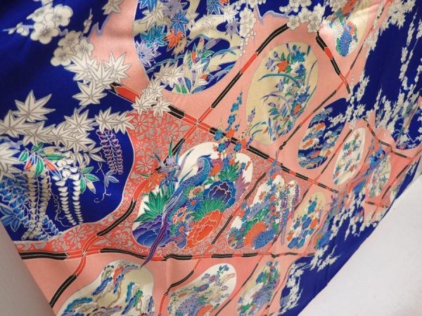Photo3: 6619T12z1180  Japanese Kimono Silk FURISODE Flowers Royal blue (3)