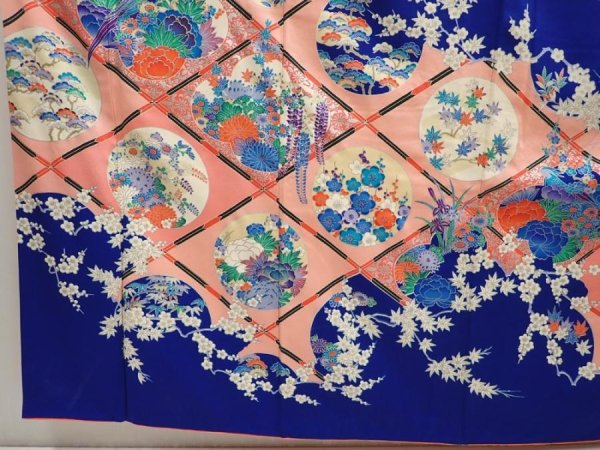 Photo6: 6619T12z1180  Japanese Kimono Silk FURISODE Flowers Royal blue (6)