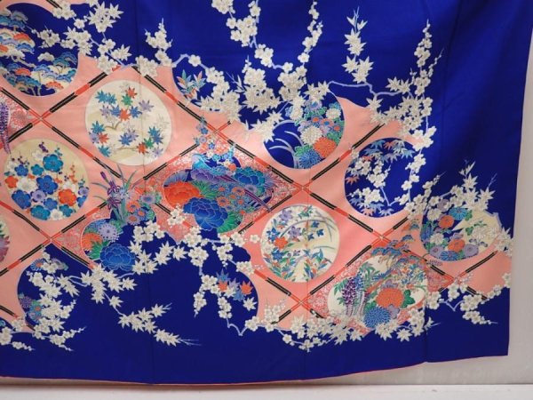 Photo7: 6619T12z1180  Japanese Kimono Silk FURISODE Flowers Royal blue (7)