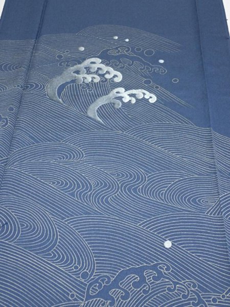 Photo1: 3F03z80  Japanese Kimono Silk  FABRIC Wave Blue-Gray 61.8x14.2 (1)