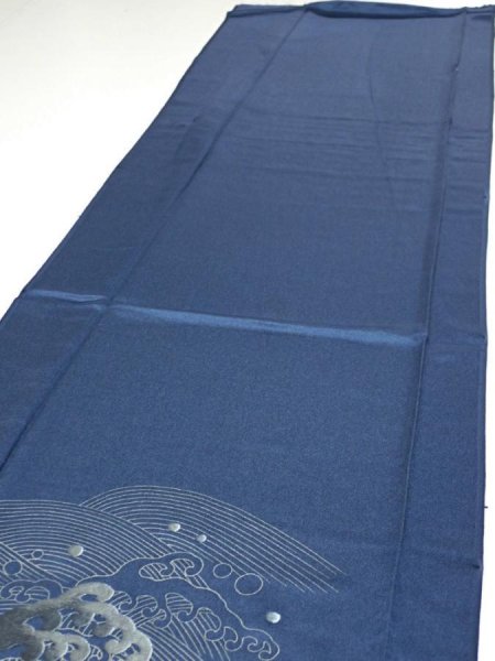 Photo2: 3F03z80  Japanese Kimono Silk  FABRIC Wave Blue-Gray 61.8x14.2 (2)
