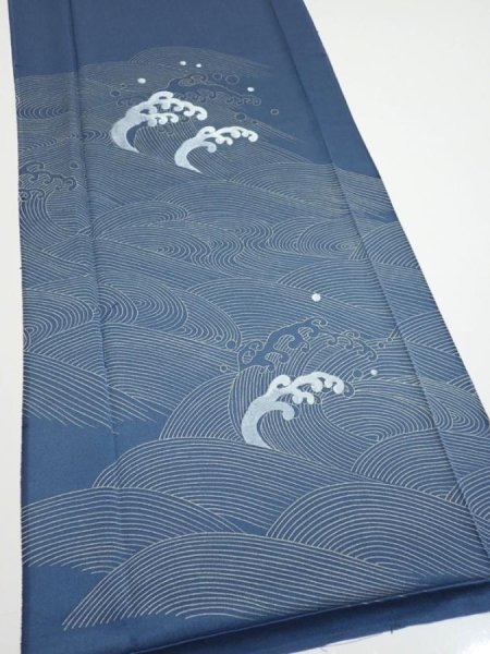 Photo3: 3F03z80  Japanese Kimono Silk  FABRIC Wave Blue-Gray 61.8x14.2 (3)