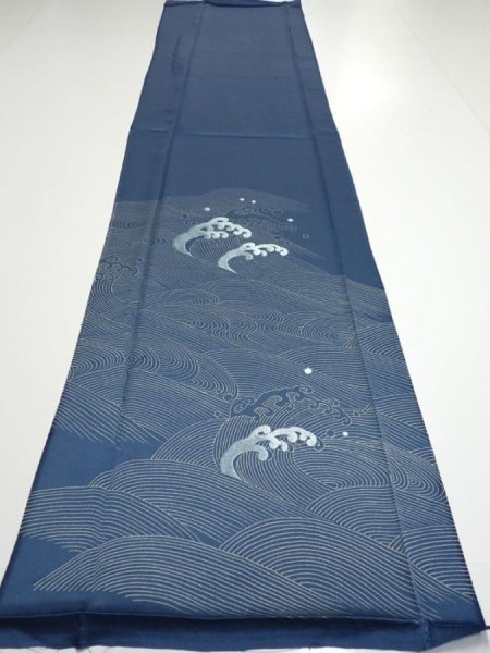 Photo5: 3F03z80  Japanese Kimono Silk  FABRIC Wave Blue-Gray 61.8x14.2 (5)