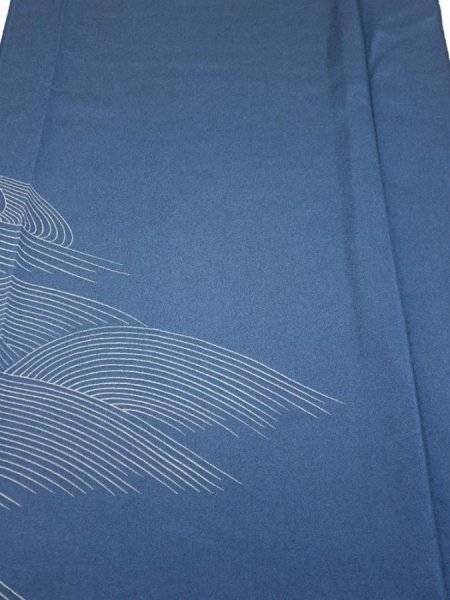 Photo1: 3F04z80  Japanese Kimono Silk  FABRIC Wave Blue-Gray 62.2x14.2 (1)