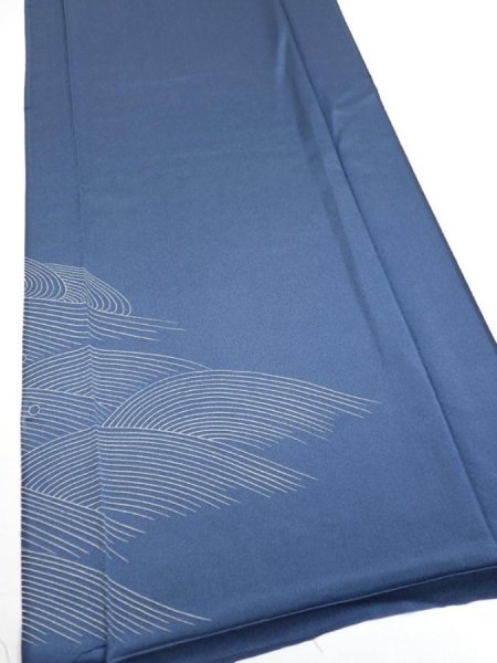 Photo2: 3F04z80  Japanese Kimono Silk  FABRIC Wave Blue-Gray 62.2x14.2 (2)