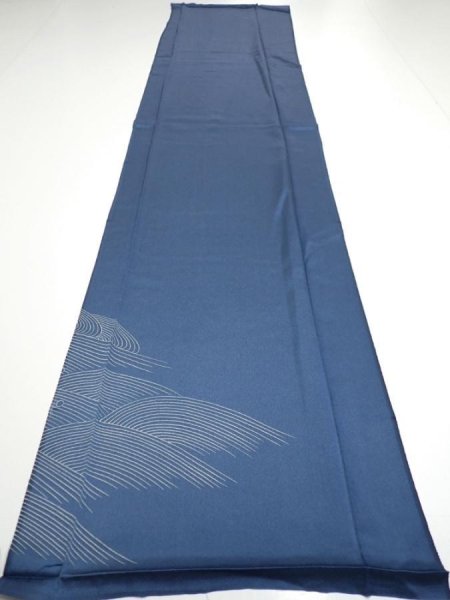 Photo5: 3F04z80  Japanese Kimono Silk  FABRIC Wave Blue-Gray 62.2x14.2 (5)