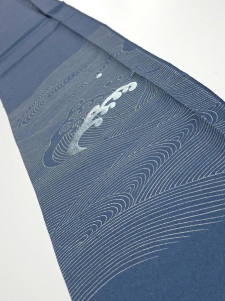 Photo1: 3F08z40  Japanese Kimono Silk  FABRIC Wave Blue-Gray 55.9x7.3 (1)