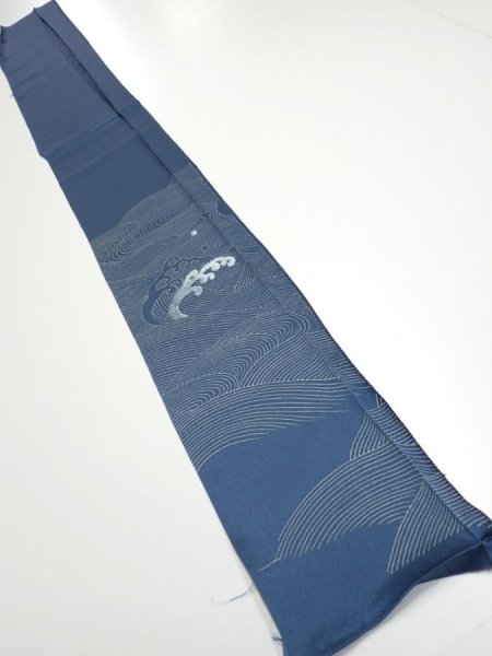 Photo3: 3F08z40  Japanese Kimono Silk  FABRIC Wave Blue-Gray 55.9x7.3 (3)
