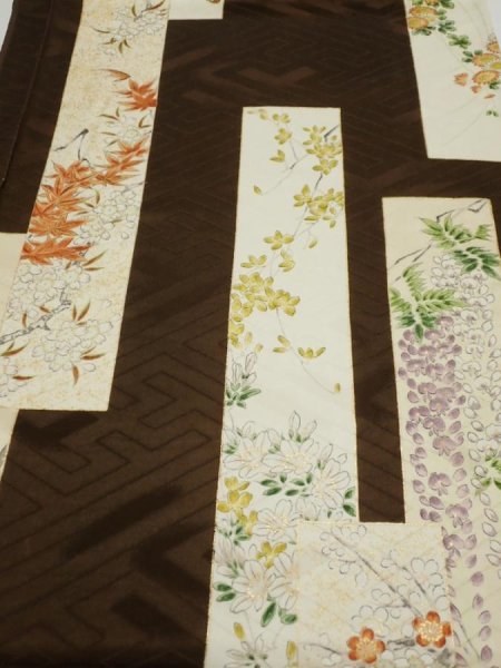Photo1: 3F01z60  Japanese Kimono Silk  FABRIC Flowers Dark brown 41.3x14.6 (1)