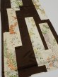 Photo2: 3F01z60  Japanese Kimono Silk  FABRIC Flowers Dark brown 41.3x14.6 (2)