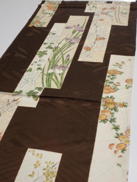 Photo3: 3F01z60  Japanese Kimono Silk  FABRIC Flowers Dark brown 41.3x14.6 (3)