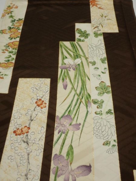 Photo1: 3F02z60  Japanese Kimono Silk  FABRIC Flowers Dark brown 41.7x14.6 (1)