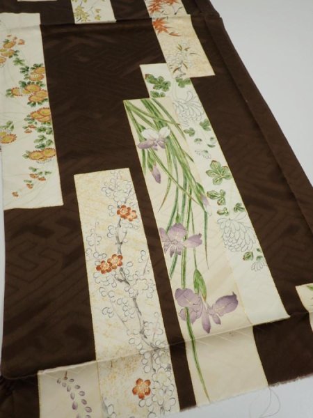 Photo2: 3F02z60  Japanese Kimono Silk  FABRIC Flowers Dark brown 41.7x14.6 (2)
