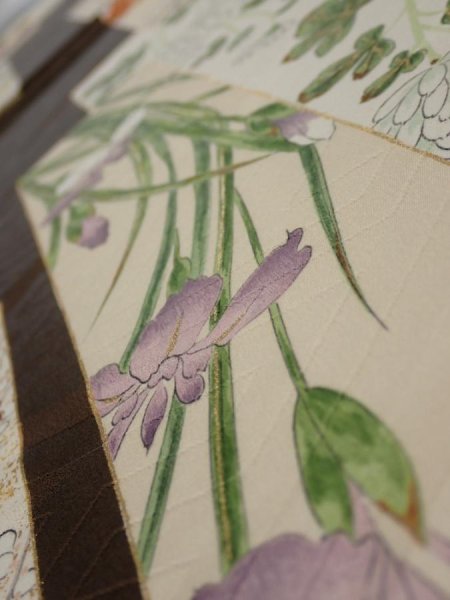 Photo4: 3F02z60  Japanese Kimono Silk  FABRIC Flowers Dark brown 41.7x14.6 (4)
