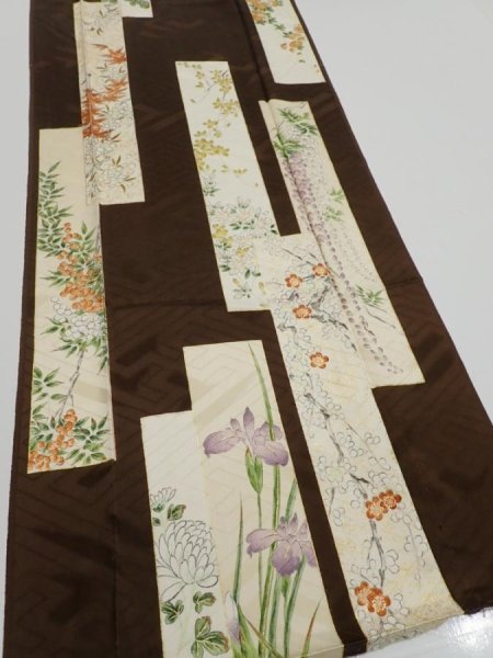 Photo2: 3F03z90  Japanese Kimono Silk  FABRIC Flowers Dark brown 66.1x14.6 (2)