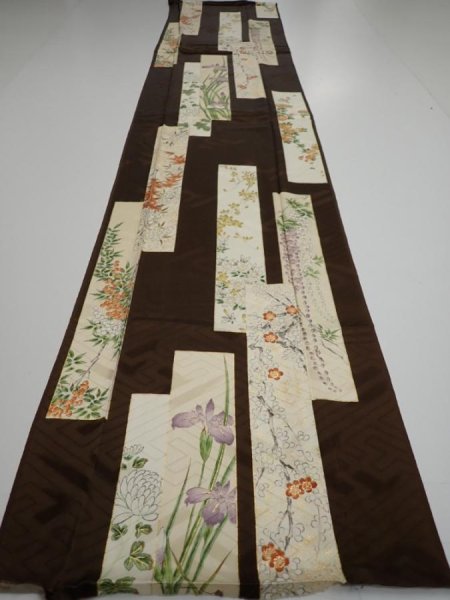 Photo5: 3F03z90  Japanese Kimono Silk  FABRIC Flowers Dark brown 66.1x14.6 (5)