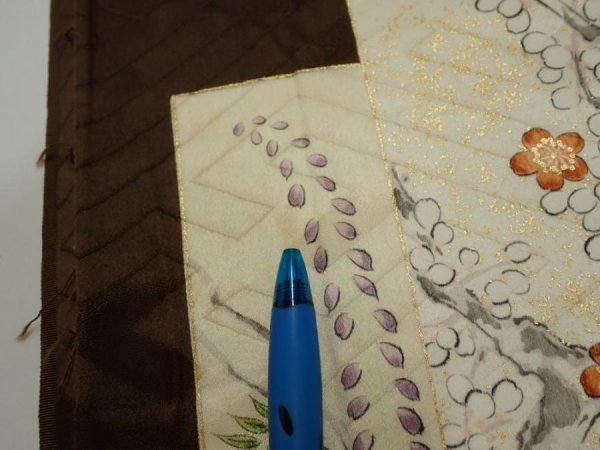 Photo7: 3F04z90  Japanese Kimono Silk  FABRIC Flowers Dark brown 66.1x14.6 (7)