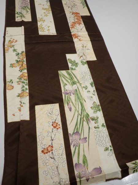 Photo2: 3F05z90  Japanese Kimono Silk  FABRIC Flowers Dark brown 66.5x14.6 (2)
