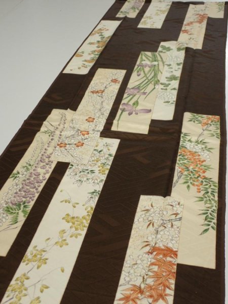 Photo3: 3F05z90  Japanese Kimono Silk  FABRIC Flowers Dark brown 66.5x14.6 (3)