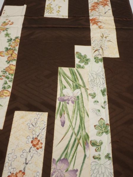Photo1: 3F06z90  Japanese Kimono Silk  FABRIC Flowers Dark brown 66.9x14.6 (1)