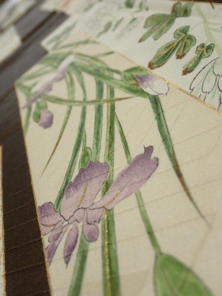 Photo4: 3F06z90  Japanese Kimono Silk  FABRIC Flowers Dark brown 66.9x14.6 (4)