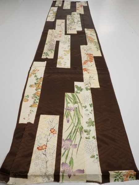 Photo5: 3F06z90  Japanese Kimono Silk  FABRIC Flowers Dark brown 66.9x14.6 (5)