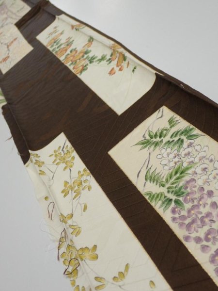 Photo1: 3F07z40  Japanese Kimono Silk  FABRIC Flowers Dark brown 62.6x7.3 (1)