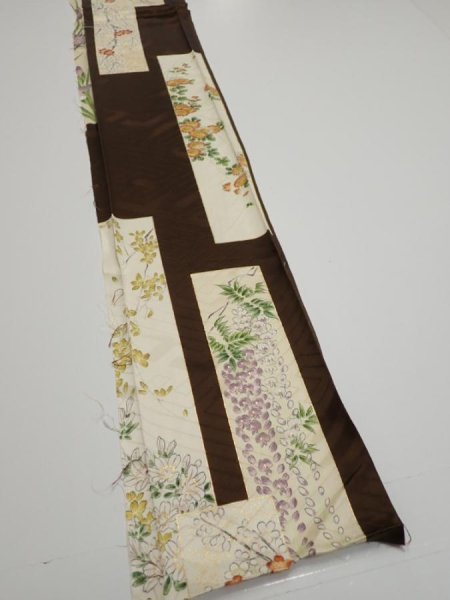 Photo3: 3F07z40  Japanese Kimono Silk  FABRIC Flowers Dark brown 62.6x7.3 (3)