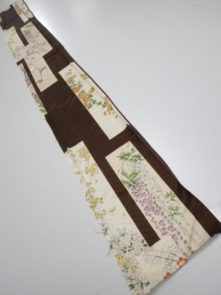 Photo4: 3F07z40  Japanese Kimono Silk  FABRIC Flowers Dark brown 62.6x7.3 (4)