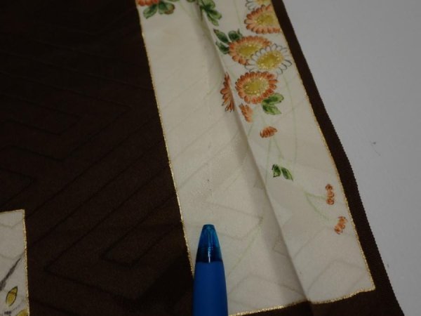 Photo7: 3F07z40  Japanese Kimono Silk  FABRIC Flowers Dark brown 62.6x7.3 (7)