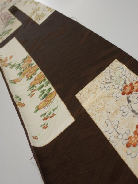 Photo1: 3F08z40  Japanese Kimono Silk  FABRIC Flowers Dark brown 62.2x7.3 (1)