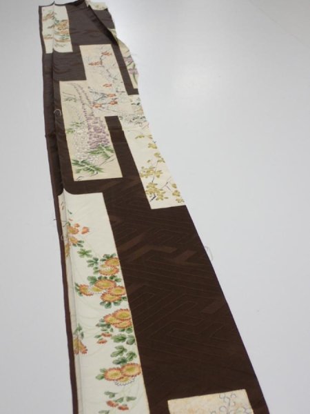 Photo3: 3F08z40  Japanese Kimono Silk  FABRIC Flowers Dark brown 62.2x7.3 (3)
