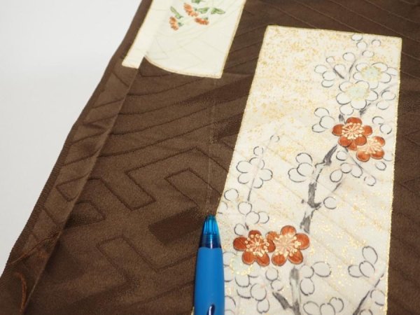 Photo6: 3F08z40  Japanese Kimono Silk  FABRIC Flowers Dark brown 62.2x7.3 (6)