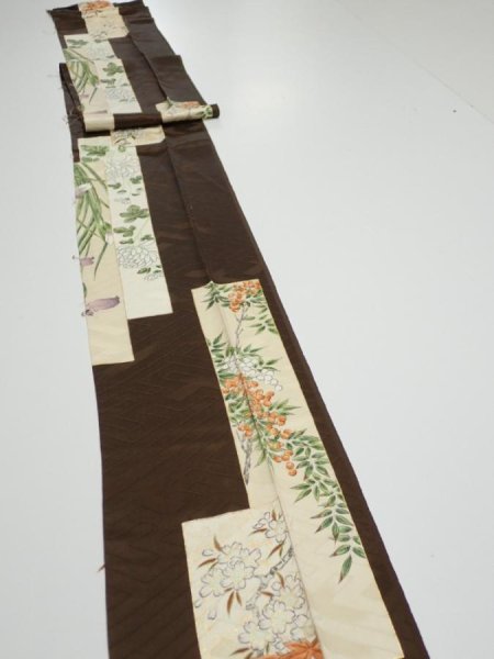 Photo2: 3F09z50  Japanese Kimono Silk  FABRIC Flowers Dark brown 80.7x7.1 (2)