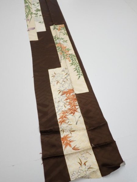Photo3: 3F09z50  Japanese Kimono Silk  FABRIC Flowers Dark brown 80.7x7.1 (3)